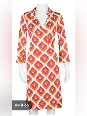 Diane Von Furstenberg Pink & Orange Geometric Wrap-Style Midi Dress